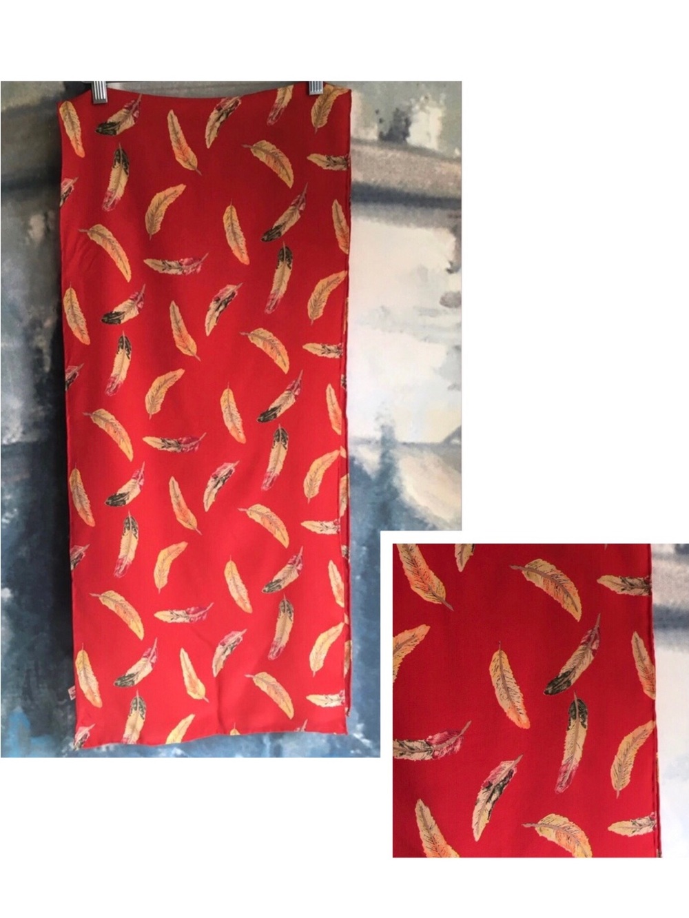 Vintage Charlotte Sparre Red Feather Print Scarf 100% Silk Hand Rolled Edges